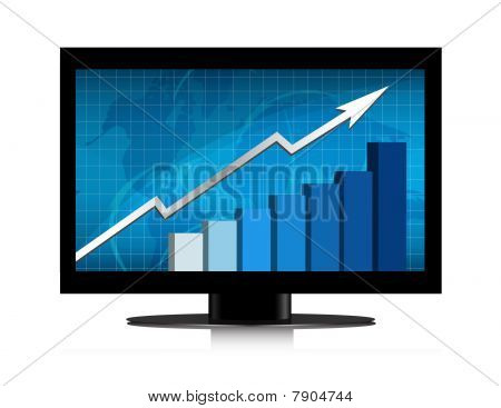 график роста продаж вверх на фоне монитора